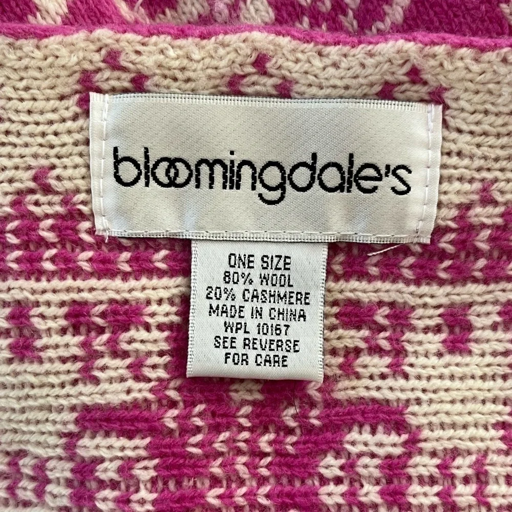 Bloomingdales Cashmere Wool Nordic Alpine Pom Poms Scarf Hot Pink Ivory Soft New